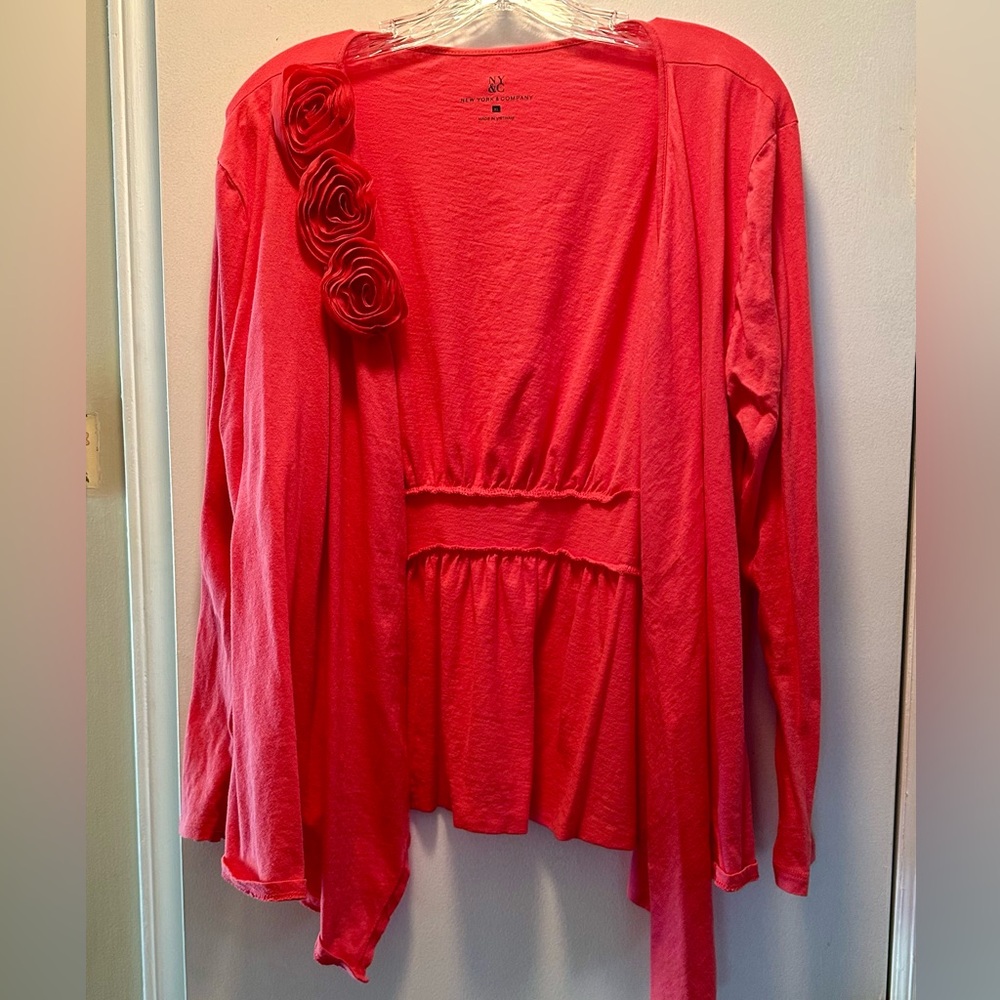 New York & Company Coral-Red Floral Appliqué Long Sleeve Top